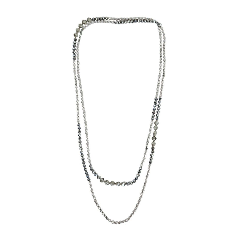 Silver, White, Gray Beaded Necklace Approx 59"
